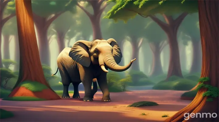 3d cartoon  In that forest, there was a lonely elephant who had no friends.