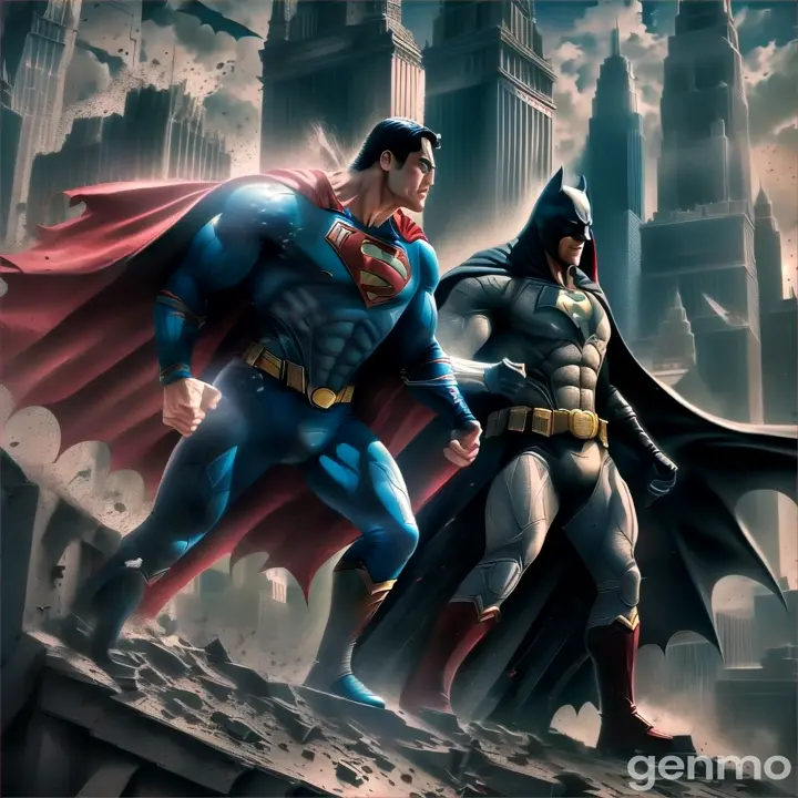 building, skyscraper, sky, cartoon, superman and batman, art, justice league, electric blue, cg artwork, painting