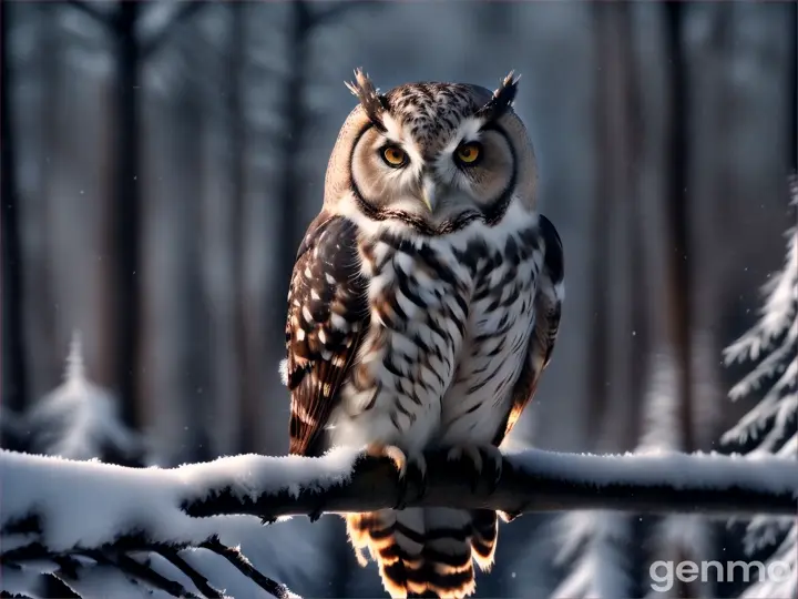 Owl at trees at night and snow 