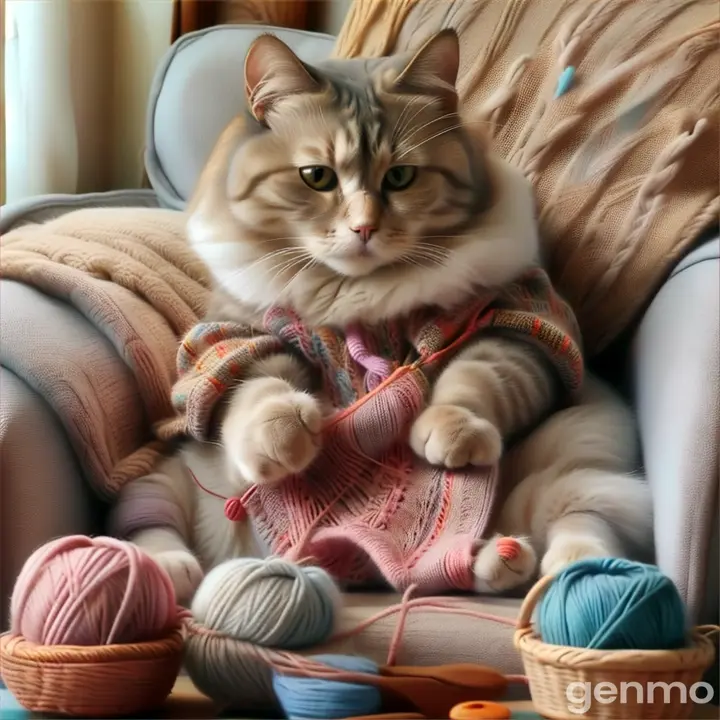 a cat sitting on a couch with a knitting kit