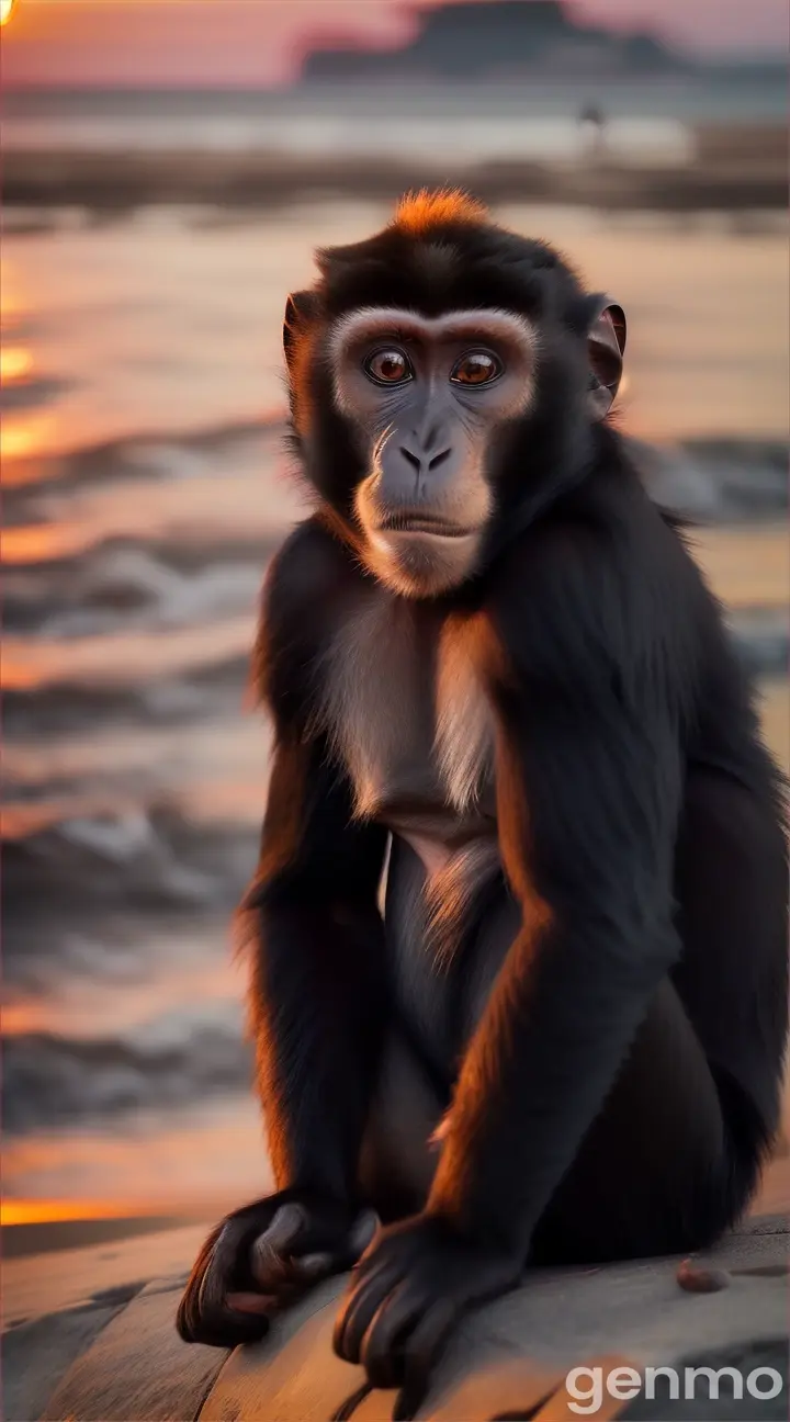 The monkey is dressing black shirt and black pant singing sadly in the sea shore