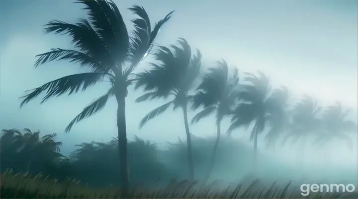 a group of palm trees blowing in the wind