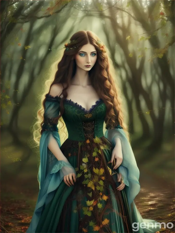 A beautiful gothic earth mother woman with green-blue eyes and long dark red-brown curly flowing hair, seasons, spring, summer, autumn & winter, ethereal, otherworldly