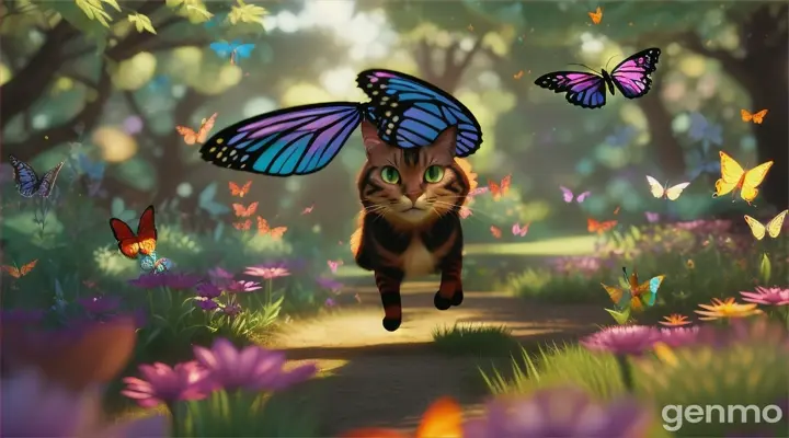 pixar style flying pussicat chasing butterflies in a mystical forest