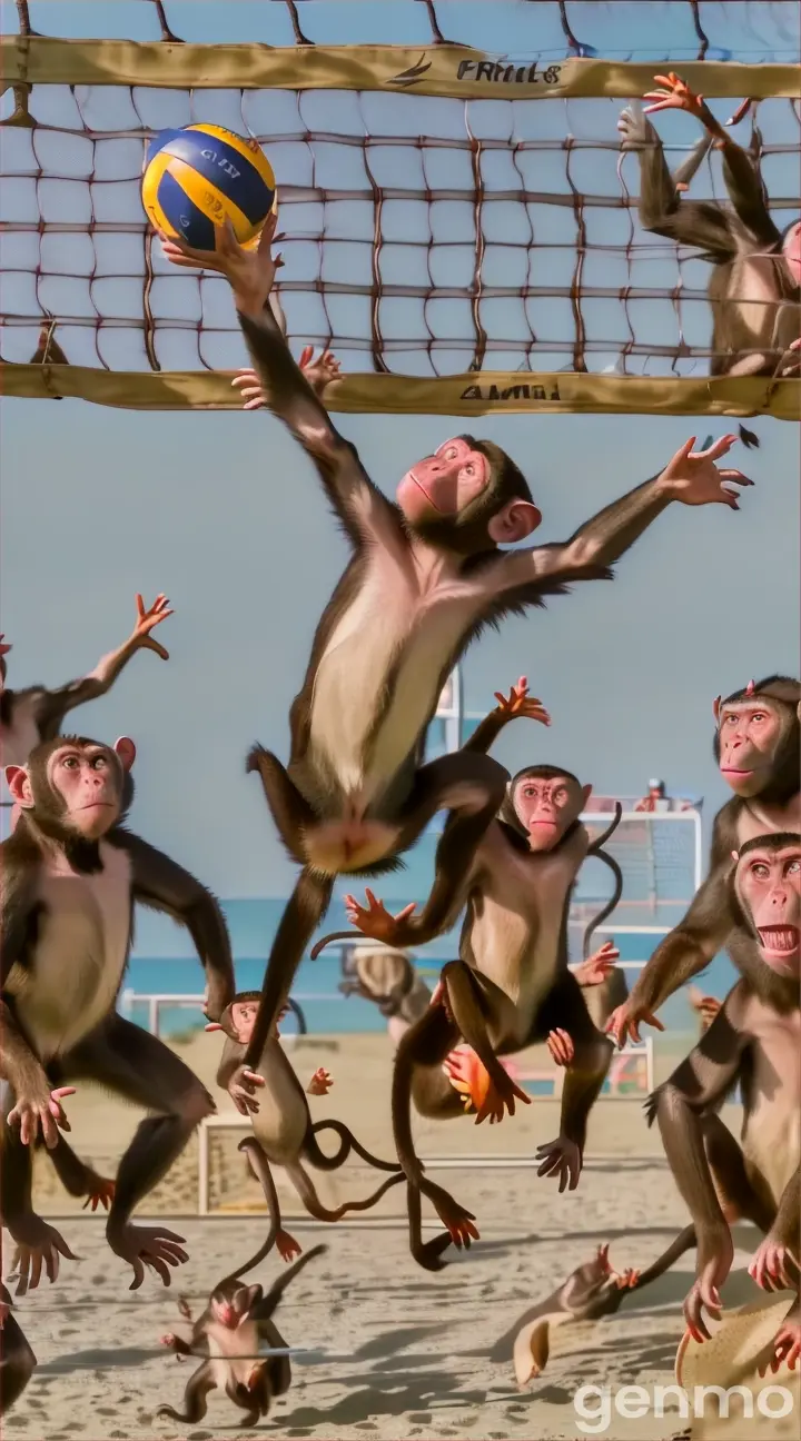 a group of monkeys playing volleyball on the beach realistic