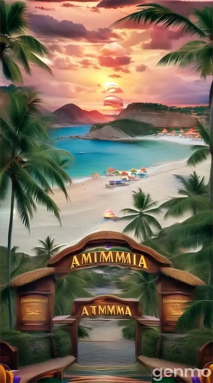 entrance to a resort on the beach keep the sign that says "ANIMALIA" just zoom. realistic