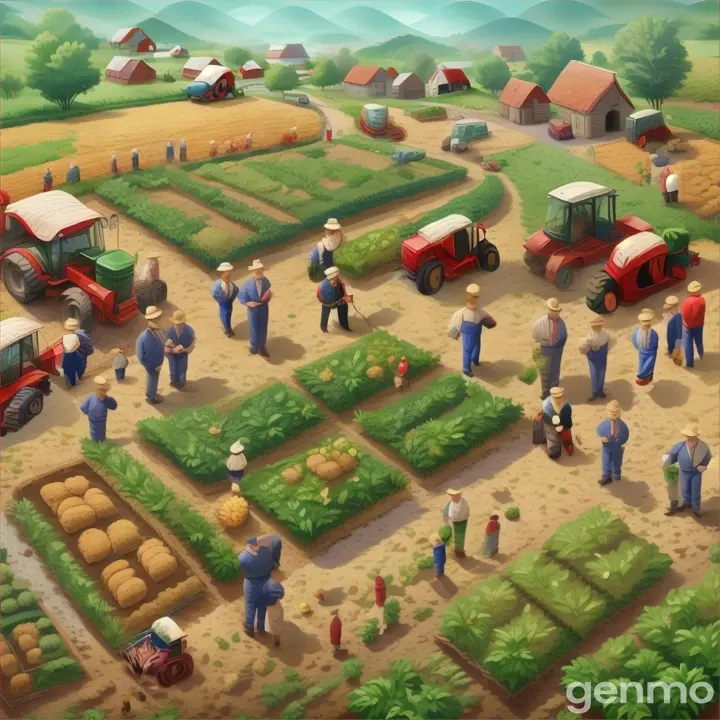 a group of people in a field with a tractor