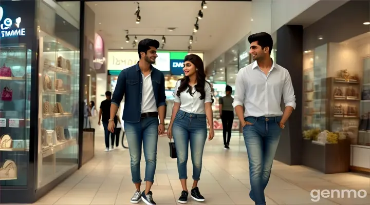 8k wide shot: A young Pakistani woman in modern jeans and a shirt, walking through a bustling shopping mall, glancing with romantic eyes at a handsome young Pakistani man in jeans and a shirt, who is looking at a display in a store window.