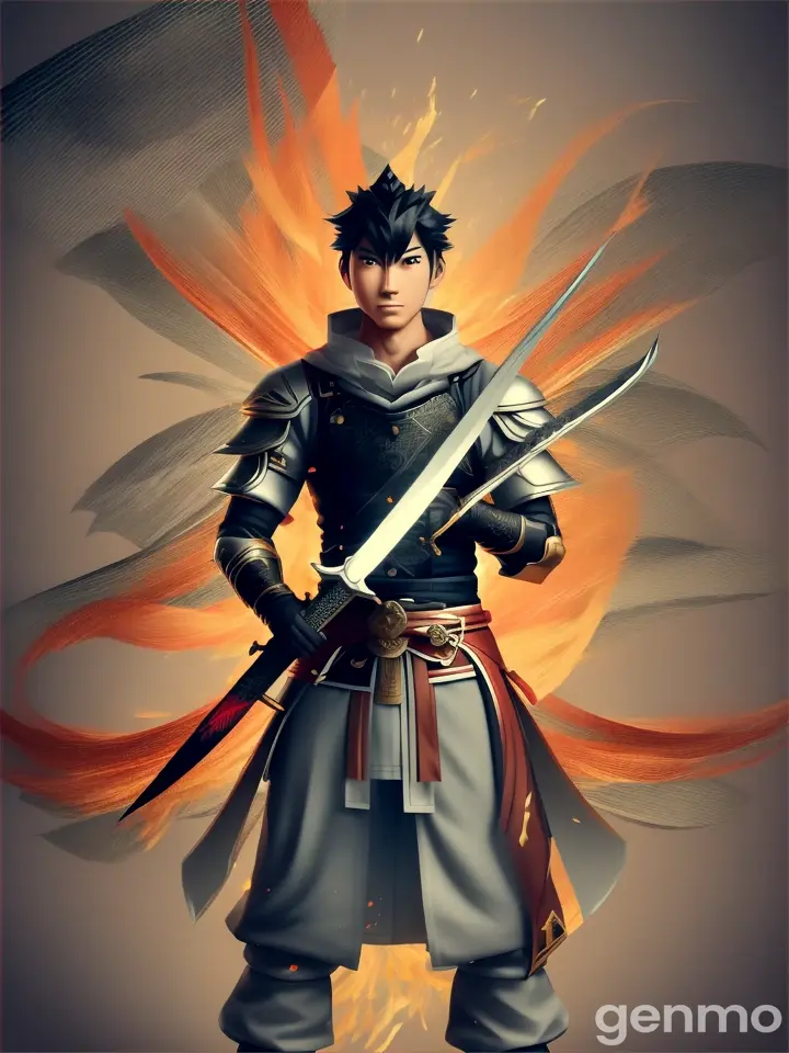 Asian-styled illustration of a man holding a sword, in the style of anime-inspired character designs, opacity and translucency, gutai group, queencore, charming realism, gray and amber, 1st version --ar 73:110 --stylize 750 --v 6