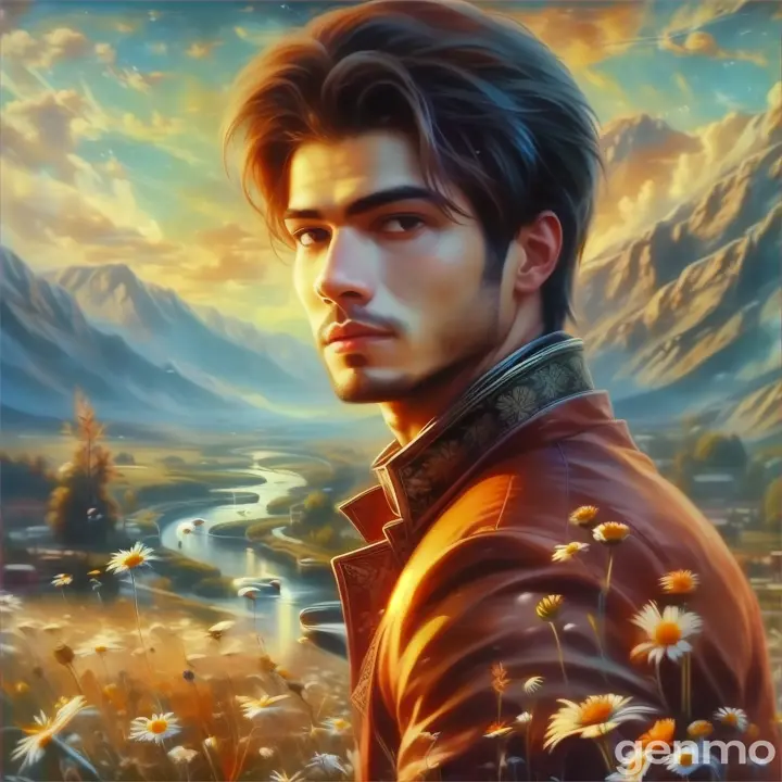 a painting of a man in a field of daisies