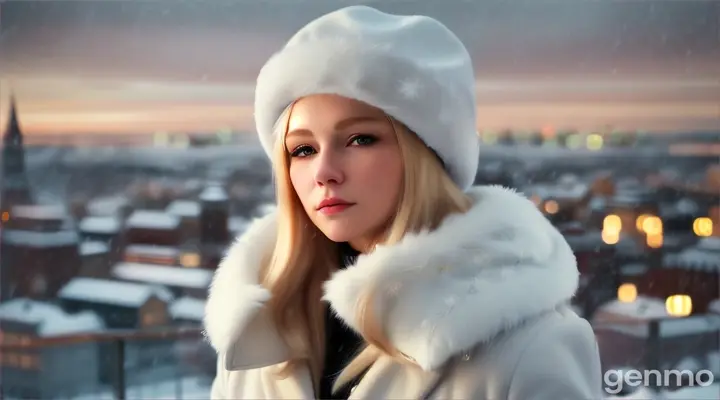 Brown-eyed blonde woman with long straight hair in a white fur hat and coat stands against the backdrop of a snowy city landscape and sadly looks into the distance. Large lens. High quality. High detail of the photo. 16:9