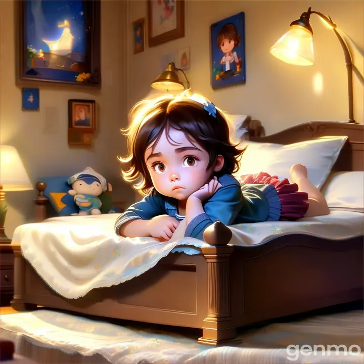 a little girl laying on top of a bed next to a lamp