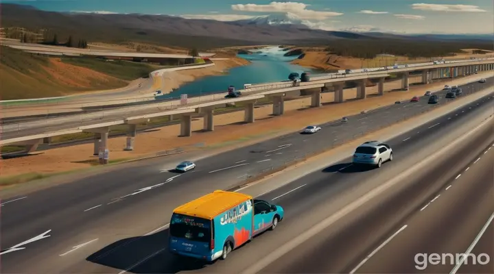 car on freeway passing a rest stop to grab healthy food  to eat can we see the highway