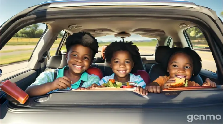 African American Family commuting eating healthy food will on the road