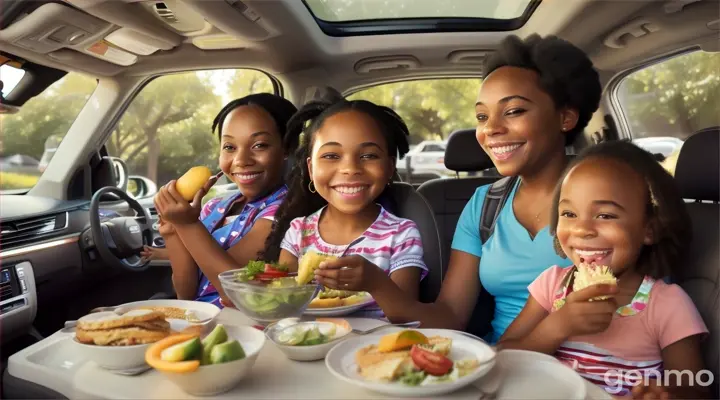 African American Family of Five commuting eating healthy food will on the road Parents in the Front seat and children in the backseat