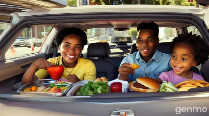 African American Family of Five commuting eating healthy food will on the road Parents in the Front seat and children in the backseat do not show the steering wheel or dashboard of the car