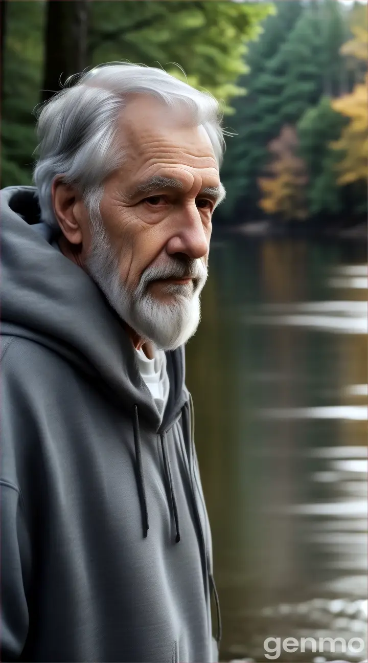 An elderly man with gray hair and a short gray beard wearing a gray hooded sweatshirt stands on the bank of a river. There is a forest on the bank of the river.