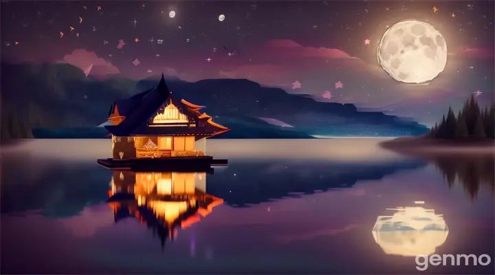 origami paper house beside lake at night