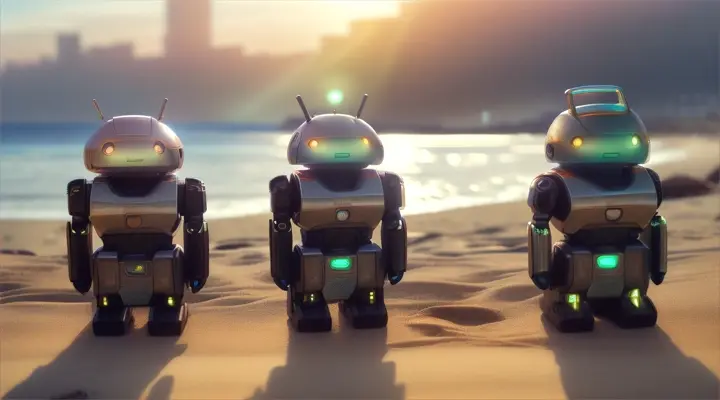 Several Android robots sitting on beach  