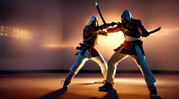 A thrilling, cinematic video unfolds in a dimly lit godown, filled with the glimmer of gold coins, vibrant fruits, and heaps of vegetables, illuminated by colorful lights that dance on the walls. South Indian Tamil actor Vijay, clad in the iconic Assassin's Creed white costume, wields a long sword in his right hand, ready for battle. His adversary, a menacing terrorist, dons a dark gray costume and brandishes a large sword in a matching hand. The two engage in an intense, full-body fight, captured in an ultra-wide shot that showcases their agility and skill. Actor Vijay kick his sword on right side stomach of the terrorist,The tension builds as they clash, their swords flashing in the dim light, creating a captivating and action-packed scene.