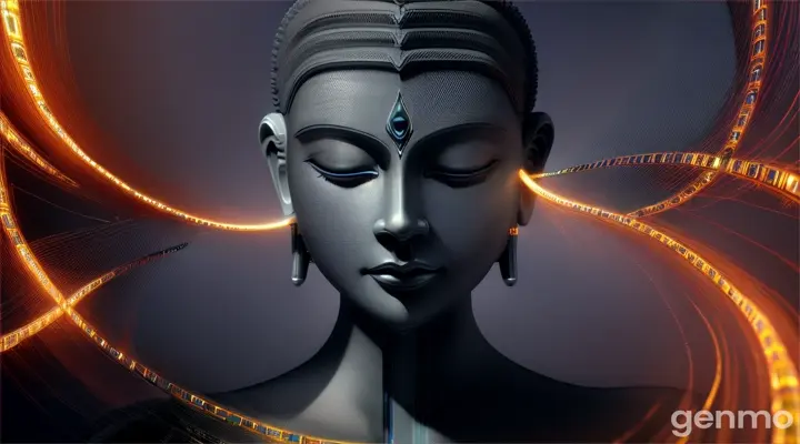A striking conceptual art piece that masterfully fuses ancient wisdom with cutting-edge technology. The central figure is a captivating enlightened AI cyborg in a Thai Buddha like pose, embodying a delicate equilibrium of vulnerability & strength. The cyborg's body is intricately decorated with flexible electronics, fiber optic cables, processors, & microchips, drawing inspiration from Buddha's teachings. The ultimate creator projecting the matrix with a futuristic landscape that surrounds the figure accentuates the prevalence of AI, evoking a sense of contemplation & awe. An enigmatic inscription, adds a layer of mystery and curiosity. This extraordinary artwork seamlessly integrates elements of conceptual art, cinema, design, architecture, & poster aesthetics, transcending traditional boundaries & redefining the realms of artistic expression, cinematic, poster art, architecture, conceptual art, UHD HD HDR 32K masterpiece, A detailed 3D illustration featuring a surrealistic portrait of cement & cracked porcelain face, the face is changing in to 3D square cube blocks of different sizes to match the walls, & the body is also changing in to a 3D pattern. The 3D block pattern consists of vertical 3D block stripes, alternating & creating a sense of depth, order, & uniformity. The overall color palette is vibrant, and matching creating an optical illusion, with the dominant colors being thin small neon-lights on a wet black cement cracked porcelain background, with exploding acrylic and watercolor paint explosions