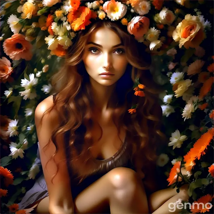 a woman sitting in front of a bunch of flowers