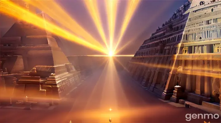 Egyptian gods, including Ra, Anubis, Isis, and Horus, stand separately, highlighted by radiant auras.  Majestic temples and pyramids serve as the backdrop, illuminated by the golden light of the setting sun. In the sky above, numerous spacecraft and UFOs, glowing with mysterious lights, fly and land around the gods. Some spacecraft hover in the air, while others touch down gently on the sands, emitting beams of light.