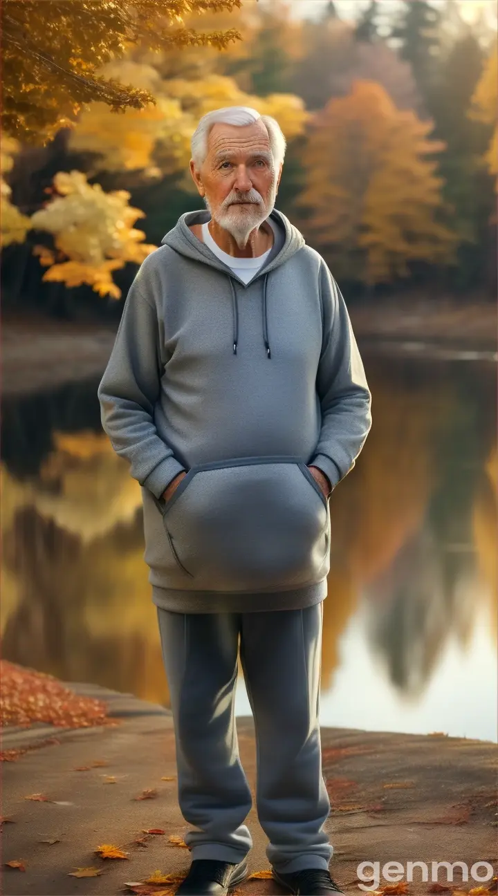 9*16, Elderly man with a large European belly with grey hair and a small grey beard. Wearing a grey hooded sweatshirt. Cane in hand. Standing on the river bank. Goes to the river. On the bank of the river - a forest. Autumn, yellow leaves. Sunset.