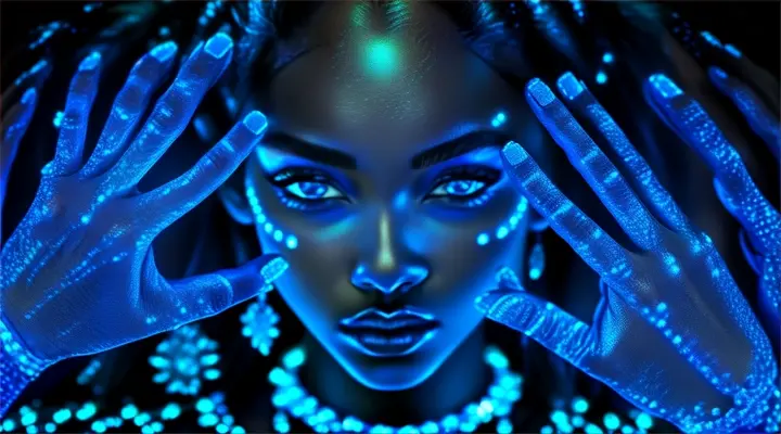 a woman says hi! with her hands painted with blue lights