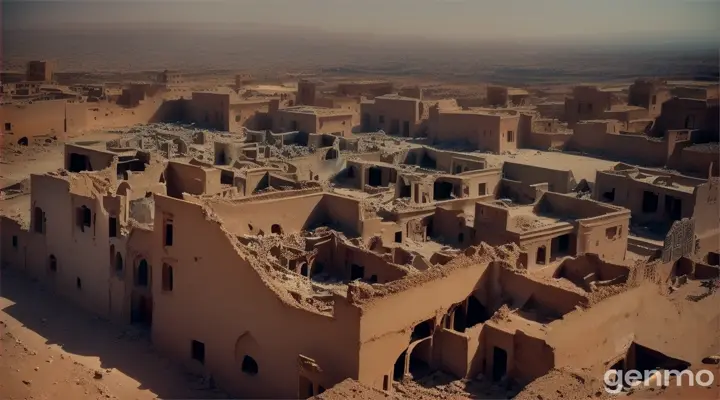 a Moroccan town in ruins, devastated by war