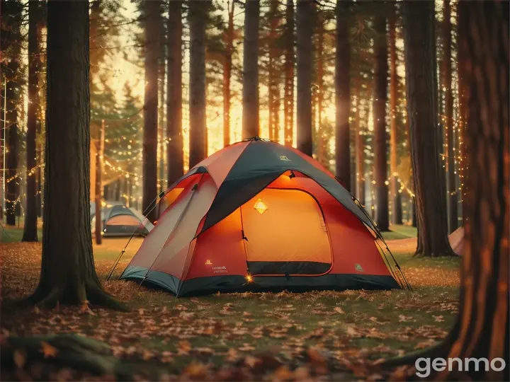 A peaceful camping scene at night, the glow of the tent barely illuminating the surrounding trees, with claw marks visible on the bark