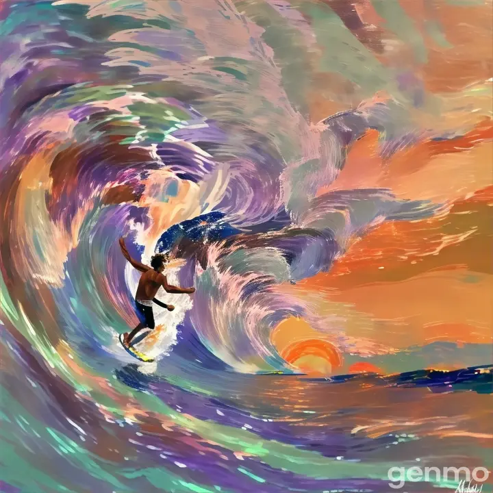 Painting of surfer riding a wave made of stars, soaring through galaxy