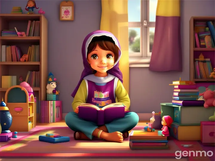 One little Muslim girl sitting in the room  cartoon image 