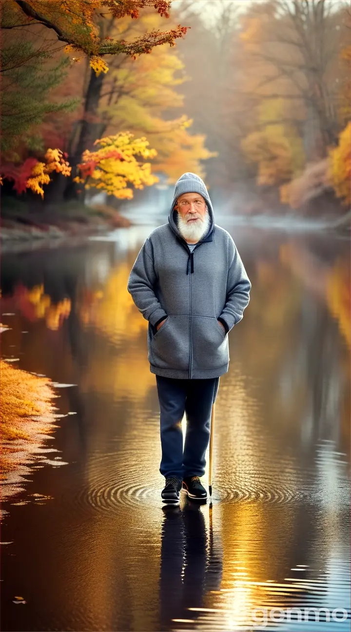 9*16, Elderly man with a large European belly with grey hair and a small grey beard. Wearing a grey hooded sweatshirt. A club in his hand. Walks next to the river. On the bank of the river - a forest. Autumn, yellow leaves. Sunset.