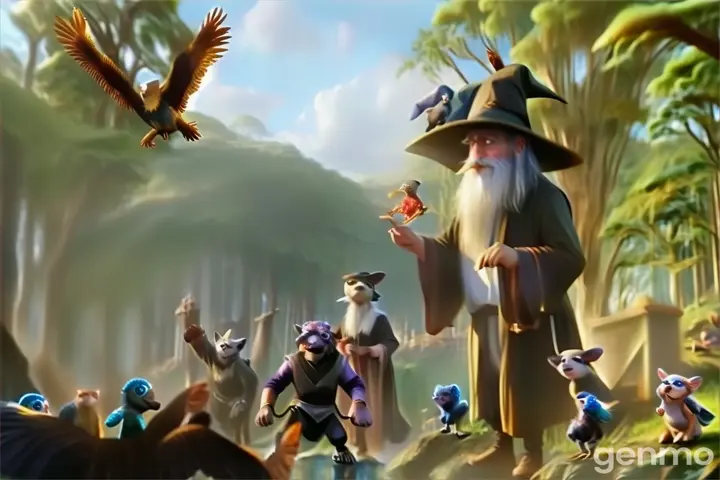 a painting of a wizard surrounded by animals