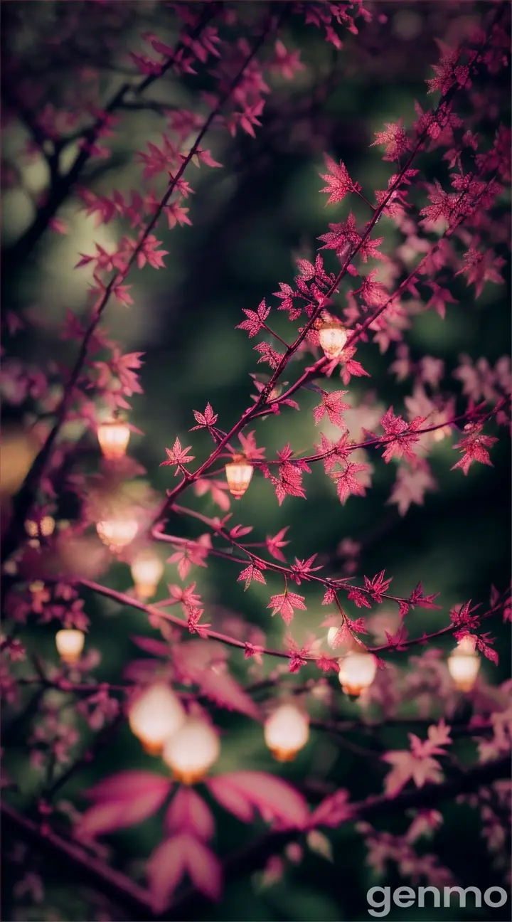 branch with leaves and flowers closeup at night, volumetric lighting