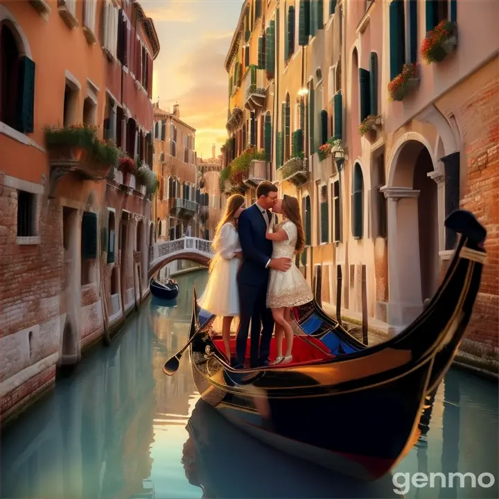 Couple kissing in a classic Venetian canal at sunset, with cityscape and a warm color palette