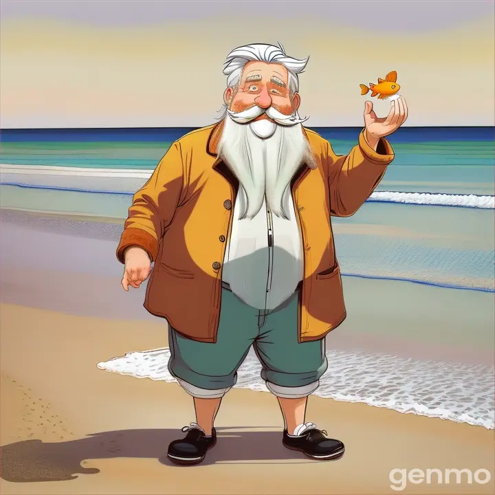 Cartoon: a big old man with big white hair and a white beard picks up a very small goldfish on the beach by hand