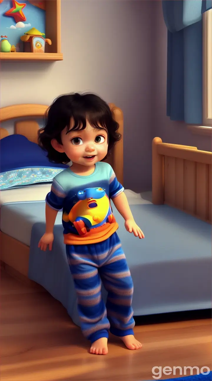 Pixar style 3d 3 year old toddler in blue pyjamas with slightly curly dark hair waking up from bed 