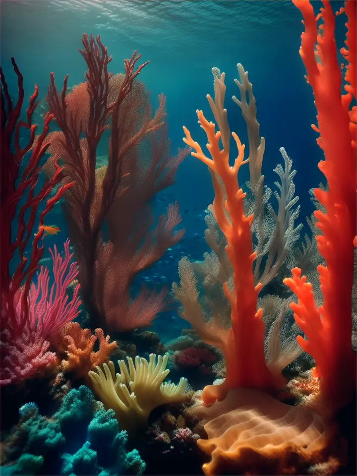 Vibrant coral reef teeming with marine life, glass art, employing layering and light to mimic underwater scenes