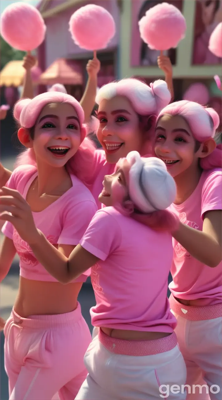 The group of monkey are wearing rose color t -shirt and white color trousers and dancing with cotton candy