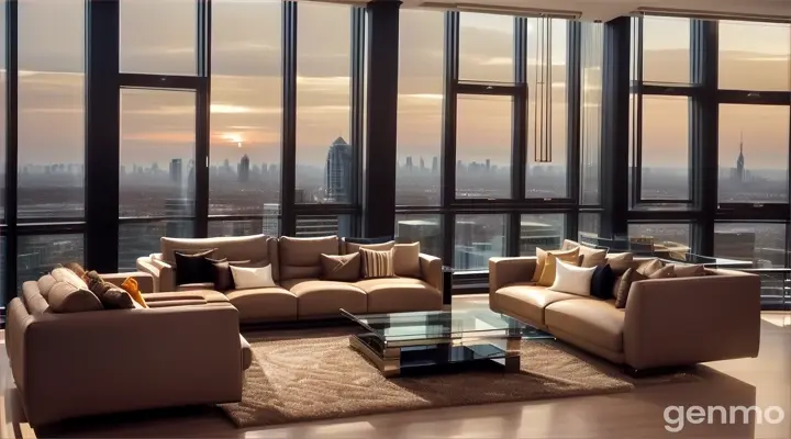 8k wide shot: A young Pakistani man and woman in modern jeans and shirts sit on a luxurious leather sofa in a sleek penthouse with floor-to-ceiling windows. Their serious conversation is framed by the stunning cityscape and sophisticated interior.