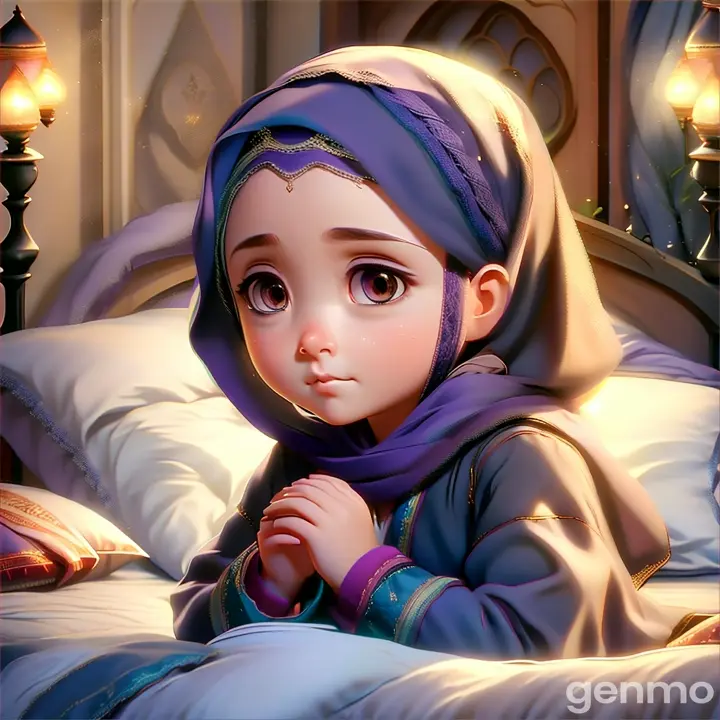 a little girl in a purple hijab laying on a bed Disney inspired cloure full 