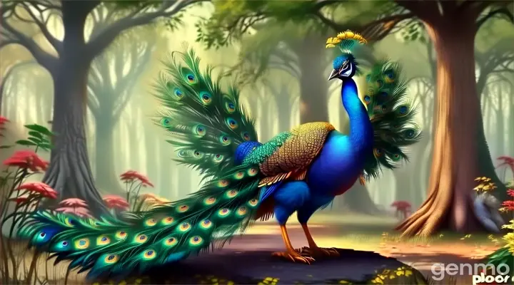 a painting of a peacock standing in a forest