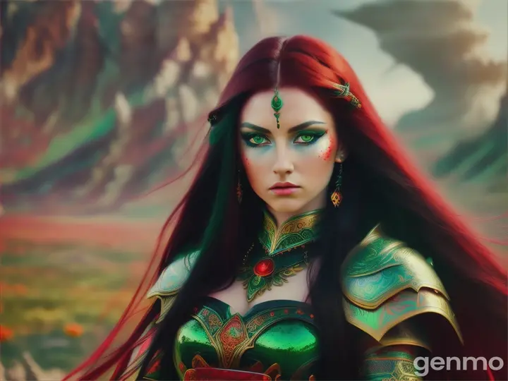 A beauiful powerful warrior woman with long red-black hair & green eyes, ethereal, otherworldly, landscape