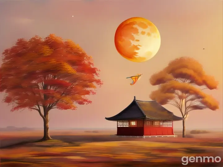 A minimalist autumnal landscape filled with warm, vibrant colors and a haze that creates a dreamy atmosphere, with a kite soaring in the sky and a full moon rising over a small pavilion