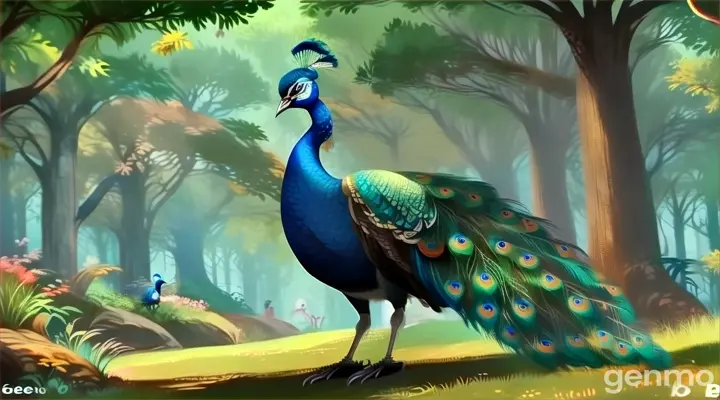 a painting of a peacock in a forest