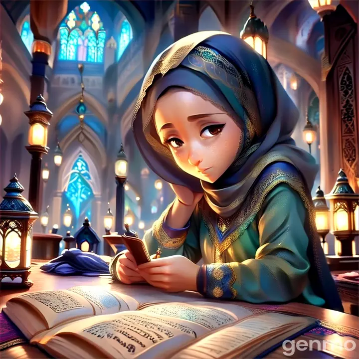 a woman in a hijab sitting at a table with an open book Disney inspired cloure full fairy tail story 