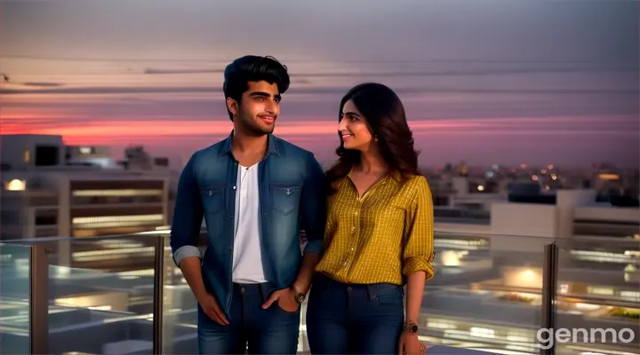 8k wide shot: A young Pakistani man and woman in stylish jeans and shirts stand on a private, rooftop garden of a luxury building, their happy expressions highlighted by the modern design elements and city lights below.