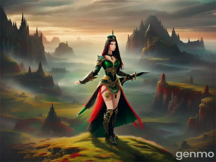 A beauiful powerful warrior woman with long red-black hair & green eyes, ethereal, otherworldly, landscape